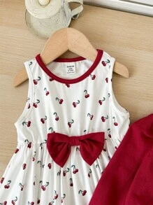 SHEIN Baby Girls Cute Versatile Casual Red Cardigan With Cherry Pattern & Bowknot Decor Knit Dress Set - Multicolor - View 4