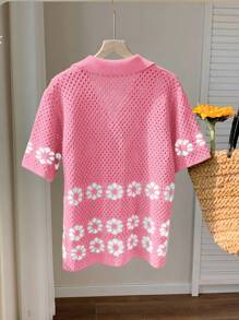 Comfortcana Chaqueta de punto fina de manga corta con un solo botón y calado en rosa para mujer, ideal para vacaciones de verano - Rosa - Ver 2