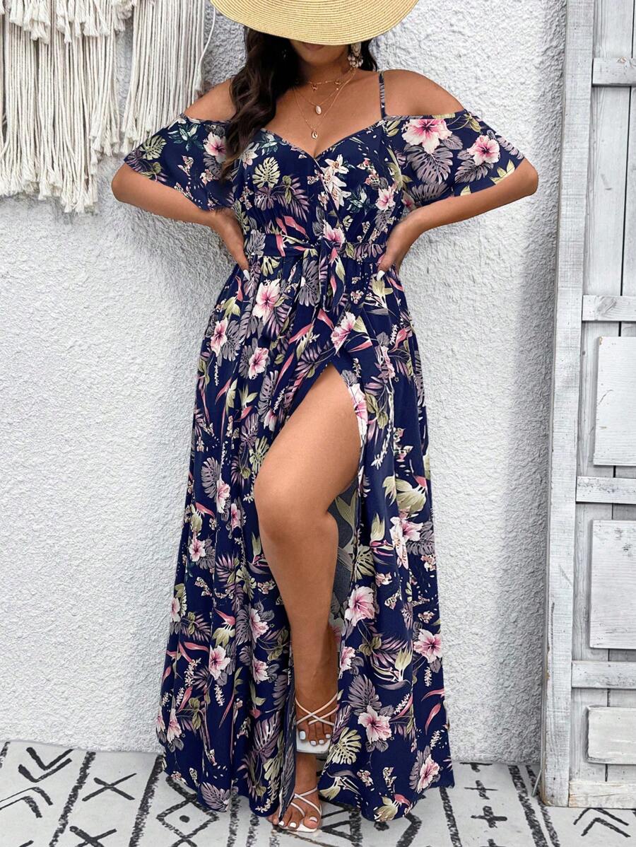 SHEIN VCAY Plus Size Women's Tropical Plant Print Off-Shoulder Slit Hem Elegant Dress, Summer - Navy Blue - View 1