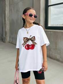 SHEIN Tween Girl Leopard Bow & Cherry Print Round Neck Short Sleeve T-Shirt And Knit Legging Shorts 2Pcs Set Outfit For Girls - White - View 7