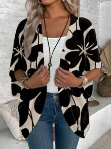 EMERY ROSE Plus Size Women Casual Minimalist Apricot Floral Print Lightweight Jacket, Suitable For Spring & Summer Autumn Women Cardigan,Fall Clothes For Women - Multicolor - View 5