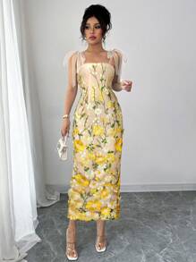 Elenzga Women's Elegant Mesh Flower Decor Strap Cinched Waist Sleeveless A-Line Long Dress, Suitable For Outing