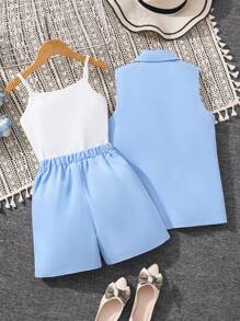 女童优雅高腰背心、背心和短裤三件套