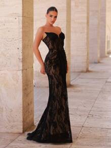 Glamrae Đầm maxi đuôi cá xếp ly, sang trọng, co giãn, chất liệu ren, xuyên thấu, hở lưng, phù hợp cho đám cưới, tiệc độc thân, kỳ nghỉ, dạ hội, sự kiện trang trọng (được trang trí cầu kỳ), lễ tốt nghiệp, trang phục cho phụ nữ, ngày Valentine. - màu đen - Xem 5