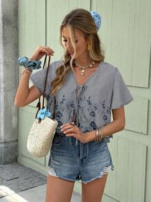 SHEIN Frenchy 女士度假休闲格子花卉刺绣衬衫