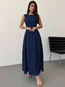 SHEIN Privé 夏季新款女式优雅简约通勤休闲户外旅行度假蓝色无袖前扣 A 字中长连衣裙 - 藏蓝色 - 查看 5