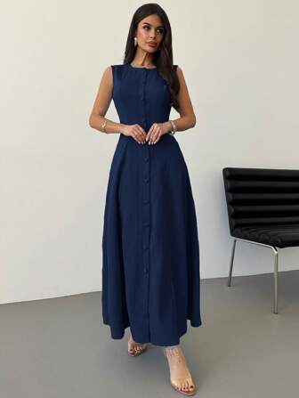 SHEIN Privé Summer New Women Elegant Simple Commute Casual Outdoor Travel Vacation Blue Sleeveless Front Button A-Line Midi Dress Navy Blue