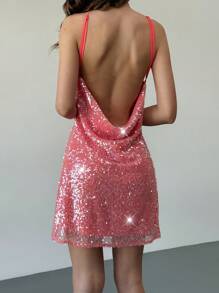 Aloruh Women's Sequin Mini Dress,Coral Pink,Summer,70s Retro,Night Out,Party,Backless Slouch Neckline Open Back Graduation Outfit,Elegant Wedding Guest Dress - Orange - View 2