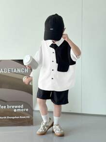SHEIN 2pcs/Set Baby Boy Or Girl Casual Versatile Contrast Color Lapel Short Sleeve Cardigan & Elastic Waist Shorts Set - Black and White - View 1