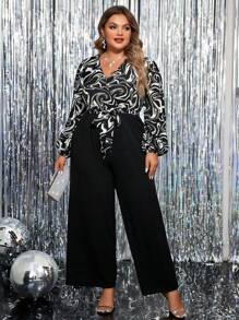 SHEIN Clasi Hơn In Đá cẩm thạch Tay áo lồng đèn Thắt lưng Áo liền quần ống rộng - Đen và trắng - Xem 3