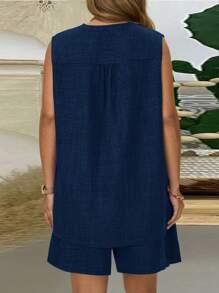 EMERY ROSE Conjunto casual de 2 piezas de talla grande para mujer con top sin mangas de cuello en V y shorts de unicolor para verano