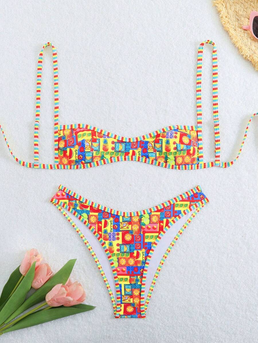 Swim Mod 2pcs/Set Women's Fashionable Sexy Micro Bikini Swimsuit, With Striped Trimming And Adjustable Shoulder Straps, Knitted Vacation Style For Summer