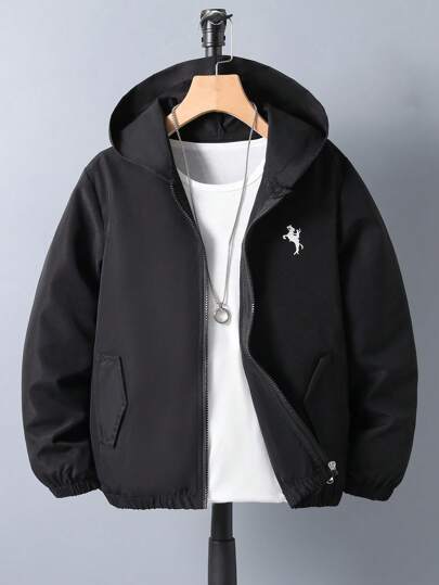 1 件 Tween Boy 时尚简约休闲连帽拉链夹克，带马标志，春秋季，适合日常和通勤