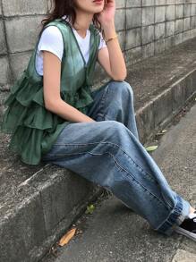 FRIFUL 女士纯色绿色荷叶边多层宽松休闲百搭衬衫，女士海滩度假服装