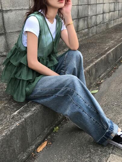 FRIFUL 女士纯色绿色荷叶边多层宽松休闲百搭衬衫，女士海滩度假服装