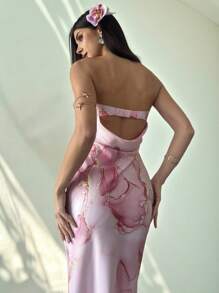 Firerie 优雅浪漫粉色扎染花卉印花垂坠露背连衣裙，婚礼宾客装，夏威夷度假装，早午餐茶歇裙，女士沙滩装，机场装，度假装