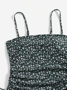 SHEIN Swim 女士 Ditsy Floral 侧抽绳连体泳衣，适合度假穿着 - 墨綠色 - 查看 5