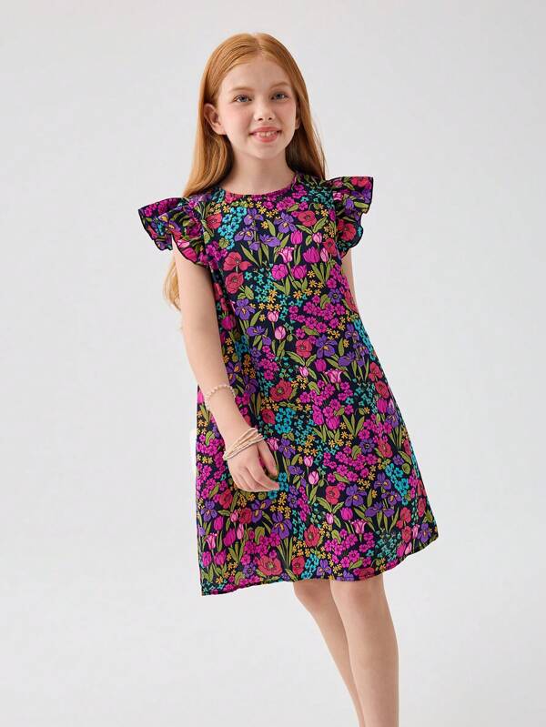 Leap Crew Leap Crew Tween Girls Elegant Floral Print Round Neck A-Line Ruffled Sleeve Dress, Summer