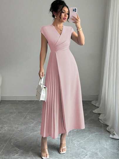 Elenzga Women's Elegant Minimalist Cross V-Neck Ruched Waist Flowy Hem Long Dress With Dropped Shoulder Sleeve, Suitable For Commute, Office, Casual, Holiday, Afternoon Tea, Solid Color