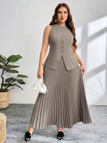 Firerie Plus Size Women's Commuter New Faux Pocket Decor Boat Neck Khaki Valentine's Day Office Lady Chic Commuter Elegant High Street Blazer Vest, Blazer & Pleated Skirt 2 Pieces Set/Valentine's Day/Concert/Performance Costumes/Dating/Senior Banquet/Dance/Wedding Season/Sexy/Elegant/Commuting/Back To School Season/Vacation/Beach/Elegant Romance/Office Enchantress/Siren Style/Birthday Party Outfits,Business Casual Woman,Old Money Style Women/Teacher Outfits For Women/Back To School /School Clothes