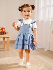 BABY GIRLS Ruffled Backless Princess Dress, Soft & Comfortable Denim Fabric In Washed Mid-Blue + Casual Fashion, Summer - Medium Wash - View 4