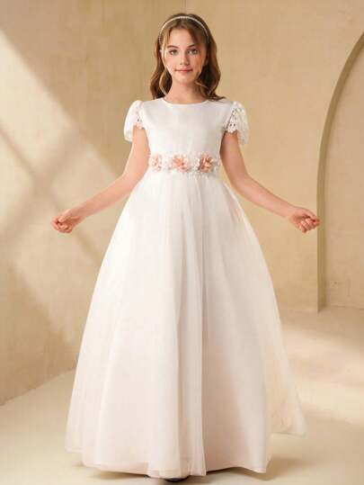 Vestido de gala elegante para niña preadolescente como dama de honor, con adorno de encaje blanco, cintura alta con decoración floral 3D, vestido largo de malla, vestido formal minimalista de moda y dulce para niñas, para todas las estaciones