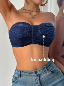 Lace Wireless Camisole Front Closure Bra, Tube Top Style - Blue - View 7