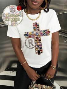 SHEIN Women's Round Neck Short Sleeve Printed Casual T-Shirt Graphic Tees Women Tops