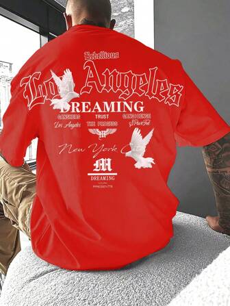 Manfinity Roughcore 男士字母鸽子印花圆领短袖休闲T恤，夏季