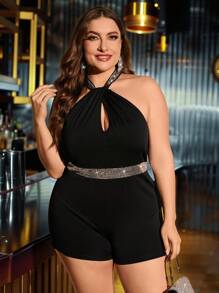 Gownix Plus Contrast Sequin Keyhole Back Halter Romper - Black - View 4