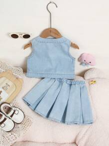 Baby/Baby GirlCasual Denim Vest Jacket & High Elasticated Pleated Denim Skirt, Lightweight & Versatile, Suitable For Everyday Wear, Baby Girl Denim Two Piece Set - Light Wash - View 2