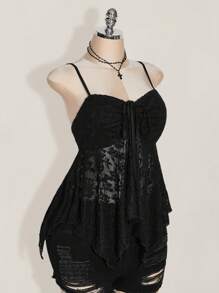 SHEIN ICON Plus Size Front Drawcord Tie Bow Knot Camisole Tank Top, Asymmetrical Hem, Y2K Style, Suitable For Summer, Summer Vacation, Graduation Season, Back To School