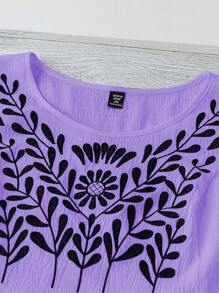 Linhara Plus Size Women Embroidered Floral Front Cap Sleeve Casual Loose Blouse, Suitable For Vacation - Purple - View 4