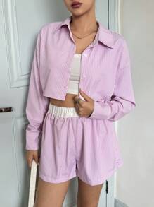 SHEIN Teen Girls Casual Simple Comfort Stripe Shirt & Belted Pants Set - Pink - View 1