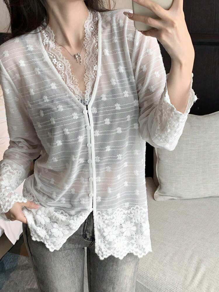 Women's Loose Casual Vacation Style Lace Patchwork Open Front Cover Up Cover Up, V-Neck Long Sleeve Lightweight Lace Shirt, Spring/Summer/Autumn,Fall Women Clothes