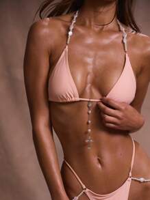 Musera Resort Triangle Pearl Bead Chain Detail Bikini Top Summer, Ibiza Fits, Holiday, Beach Swim Beachwear Vacation, Sexy, Romantic, Sagrada