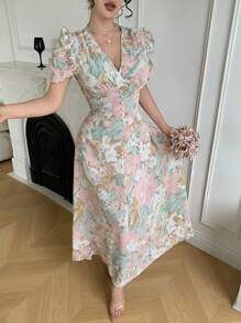 Modelyn Women's Slim Fit Mini Dress With Cross Neckline Decor Pearl Buttons & Puff Sleeves