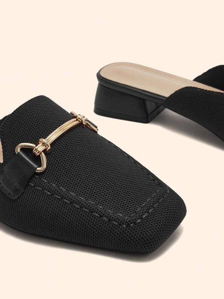 CUCCOO BASICS Women's Low Heel Square Toe Fashion Black Knit Metal Buckle Comfortable Slip-On Mules, Suitable For Daily, Commute, And Dates For Christmas