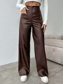 EURMUSE Women Plain PU Leather Pocket Straight Leg Pants - Brown - View 1