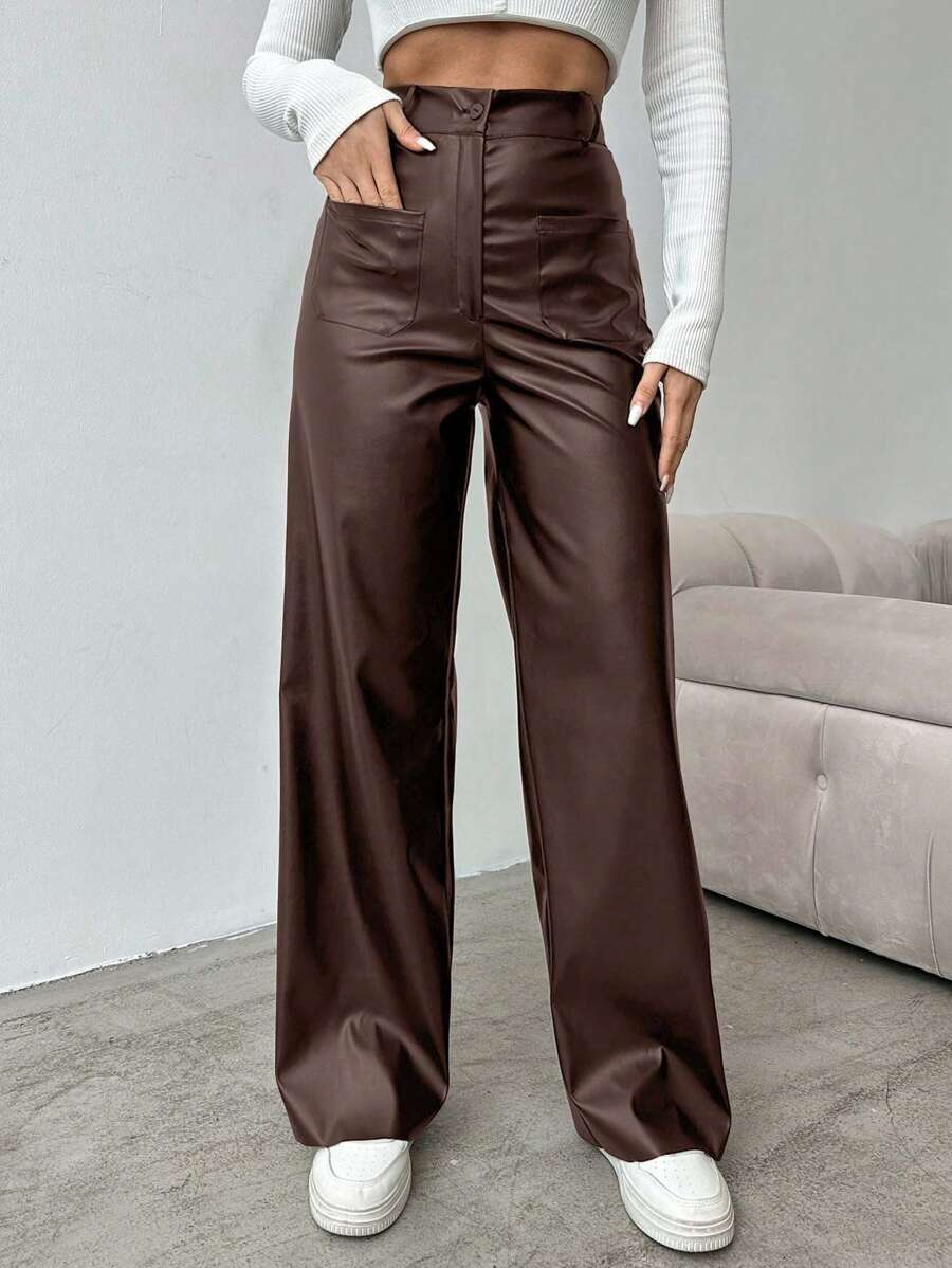 EURMUSE Women Plain PU Leather Pocket Straight Leg Pants - Brown - View 1