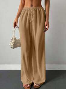 EURMUSE Solid Elastic Waist Wide Leg Trousers - Beige - View 5
