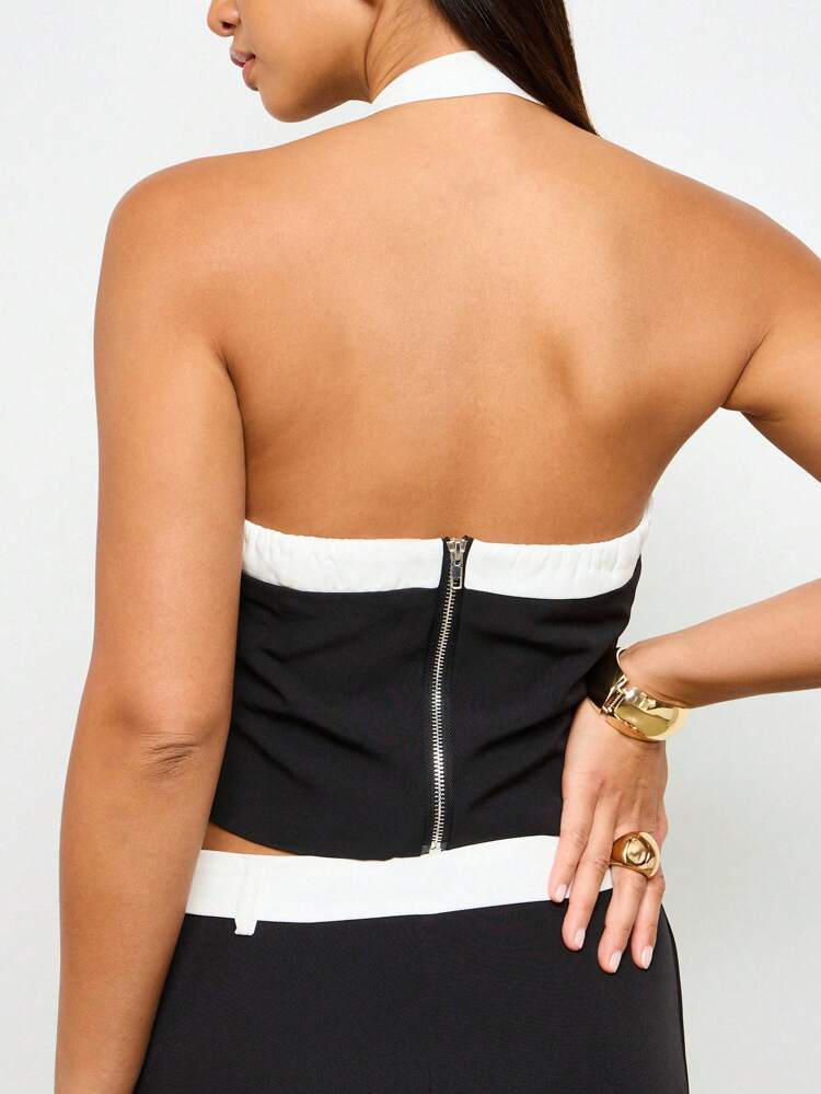 Halter Neck Crop Top Midi Skirt Tailored Two-Piece Outfit