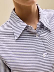 Muvela 2 件女式夏季条纹长袖衬衫和百褶迷你裙套装，优雅女士装 - 藍白色 - 查看 9