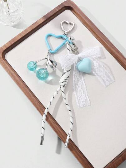 Kawaii 1 pieza Elegante llavero con borlas de lazo en degradado azul de acrílico, versátil, dulce, lindo, de alta calidad de resina y cereza, adecuado para uso diario y días festivos, un regalo para mujeres