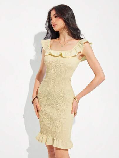 Roylia 女式纯色荷叶边修身节日连衣裙