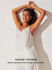 LUVLETTE 透气100%纯棉白色花卉刺绣蕾丝边性感吊带背心和裤子家居服轻盈睡衣套装时尚休闲舒适套装裤子带口袋内衣外穿新娘内衣和睡衣