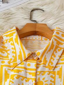 SHEIN LUNE 大码女式几何印花短袖纽扣休闲衬衫，夏季 - 黃色 - 查看 4