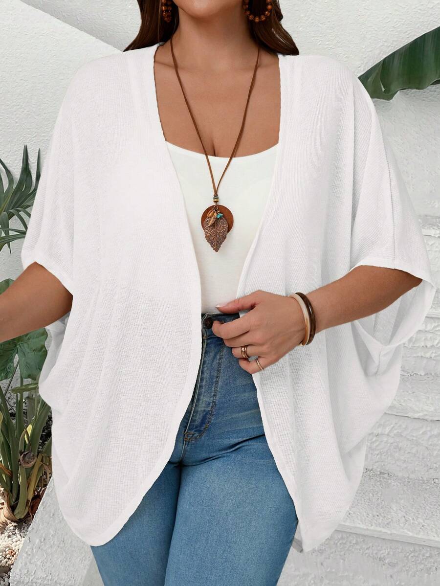 EMERY ROSE Plus Size Women Solid Color Batwing Sleeve Open Front Casual Jacket Plus Size White Cardigan Plus Size Summer Cardigan Plus Size Boho Cardigan Fall Women Clothes,Autumn,Fall Clothes - White - View 1