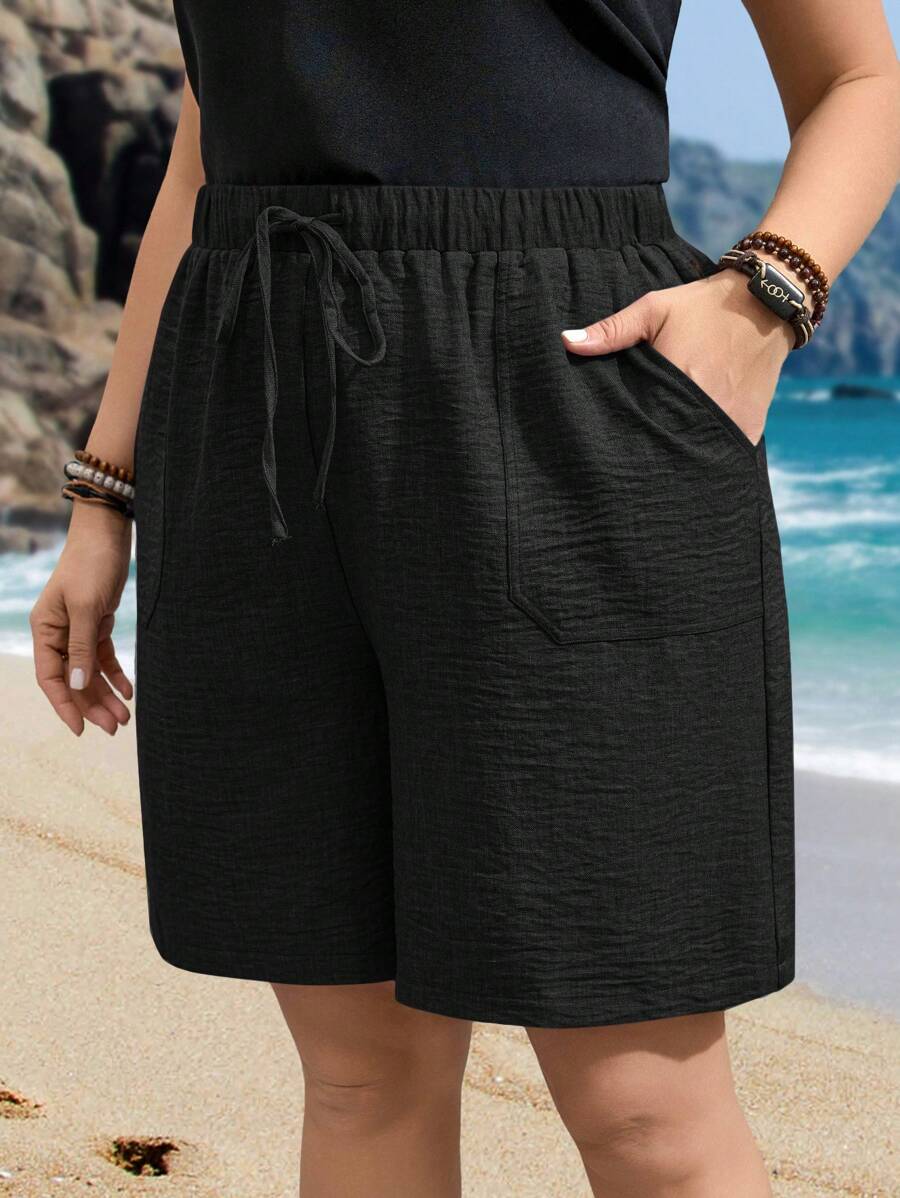 EMERY ROSE Plus Size Tie Front Pockets Plain Loose Shorts, Casual Everyday Wear,Vacation,Boho,Gifts For Mother,Bohemian,Springbreak,Rave,Country - Black - View 1
