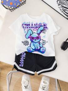 SHEIN 2pcs/Set Baby Boy Summer Cute Cartoon Print Knit Short Sleeve T-Shirt And Elastic Waist Shorts Set - Multicolor - View 6